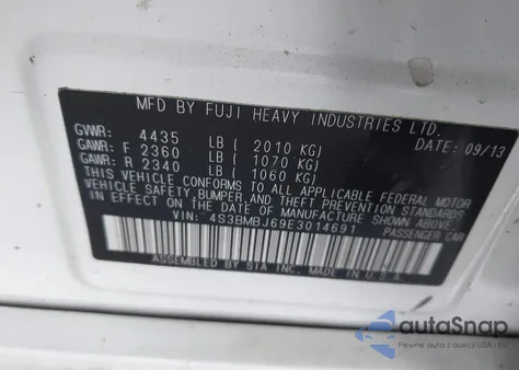 2014 Subaru Legacy 2.5 I Sport z USA, uszkodzony, nr VIN 4S3BMBJ69E3014691